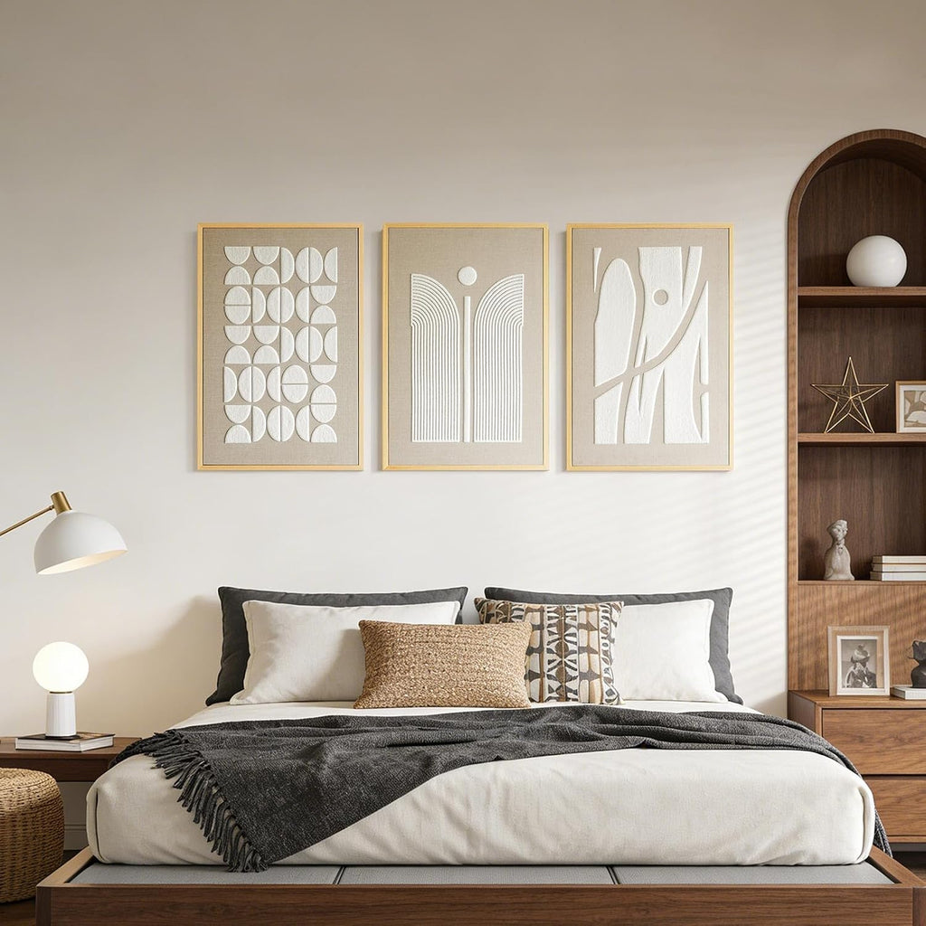 Thalasse 3D Textured Abstract Wall Art for Bedroom, 3 Piece Modern Minimalist Geometric Arch Canvas Artwork, Beige White Linen Pictures with Solid Wood Frame for Office Living Room Decor, 16x24 In