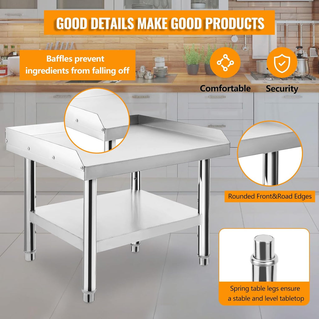 GarveeTech Stainless Steel 24x24x24 in Equipment Grill Stand Table, 1000 LBS Top Shelf, 220 LBS Bottom Shelf, Adjustable Legs, 2 in Edge Baffle, for Hotel, Home, Commercial Restaurant Kitchen