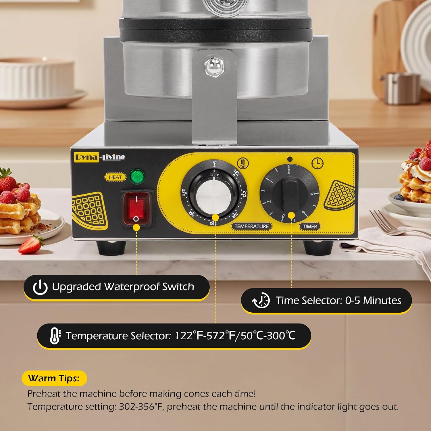 Dyna-Living Single Head Commercial Waffle Maker 1200W & 22'' Stainless Steel Countertop Griddle 3000W 110V Flat top Grill Electric for Home Kitchen