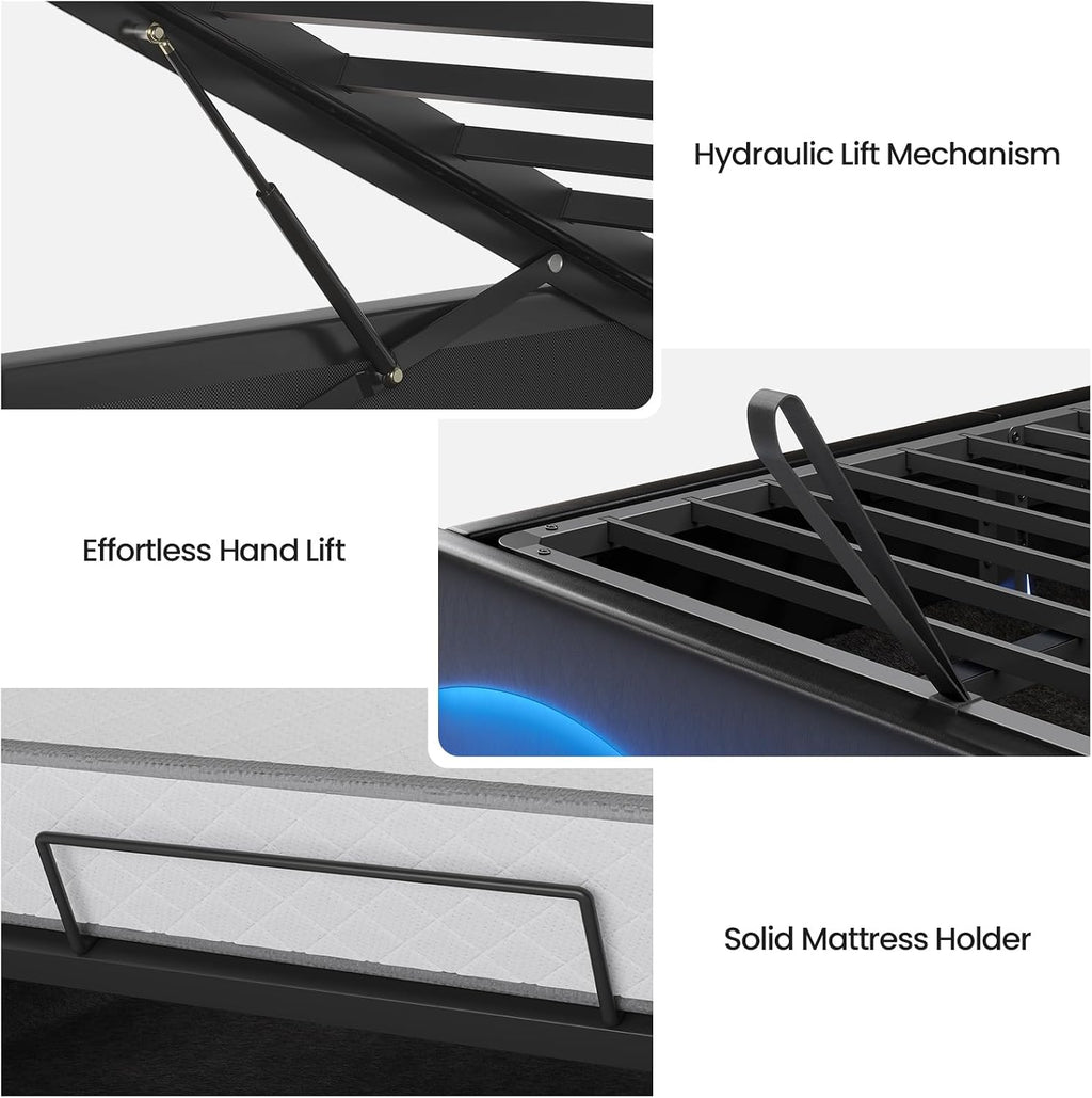 BTHFST Full Size Bed Frame with Lift Up Storage, Power Outlet & RGB Lights, Headboard with Hidden Storage Cubby, PU Leather Upholstered Platform Bed, No Box Spring Needed, PU Black