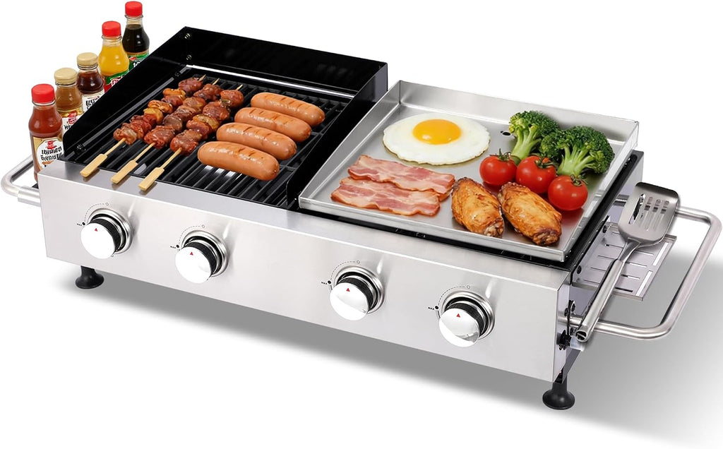 Gas Grill and Griddle Combo, 4-Burner Propane Grill with Cast Iron Grates and Stainless Steel Griddle, 40,000 BTU Tabletop Grill Griddle Combo for Outdoor BBQ, Camping, Tailgating