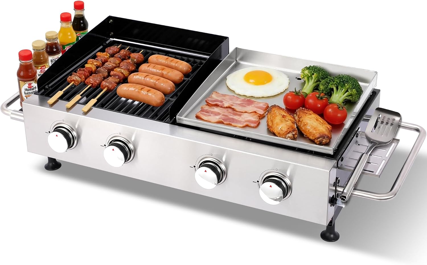 Gas Grill and Griddle Combo, 4-Burner Propane Grill with Cast Iron Grates and Stainless Steel Griddle, 40,000 BTU Tabletop Grill Griddle Combo for Outdoor BBQ, Camping, Tailgating