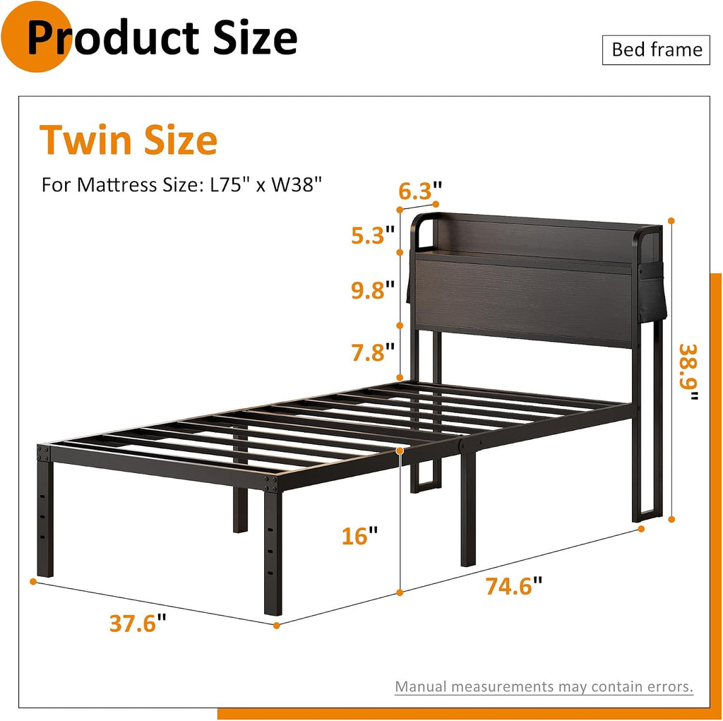 Maenizi 16 Inch Twin Bed Frames with Headboard, Twin Metal Bed Frame Storage Wood Headboard No Box Spring Needed, Noise Free, Black