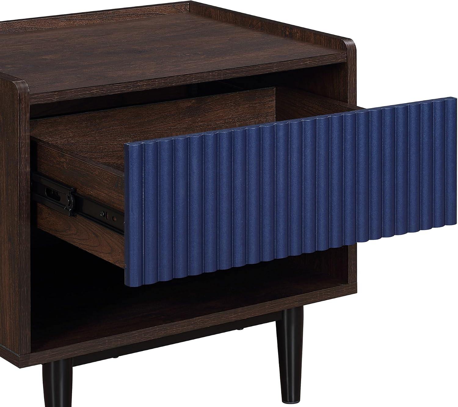 Manhattan Comfort Duane Fluted Nightstand with Full Extension Drawer and Open Shelf, Steel Legs, Bedside Table, Industrial Chic Accent Table for Living Room, Entryway and Bedroom in Navy Blue