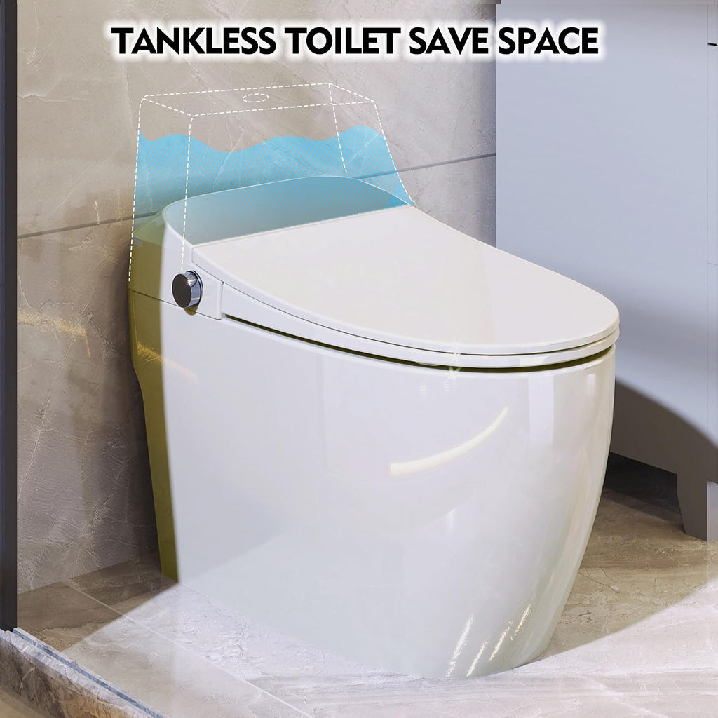 Heated Seat Smart One Piece Toilet, Automatic Flush Tank Less without Bidet, with Foot sensor Flush, White Night Light, Knob Control, Power Outage Flushing, Soft Close Cover
