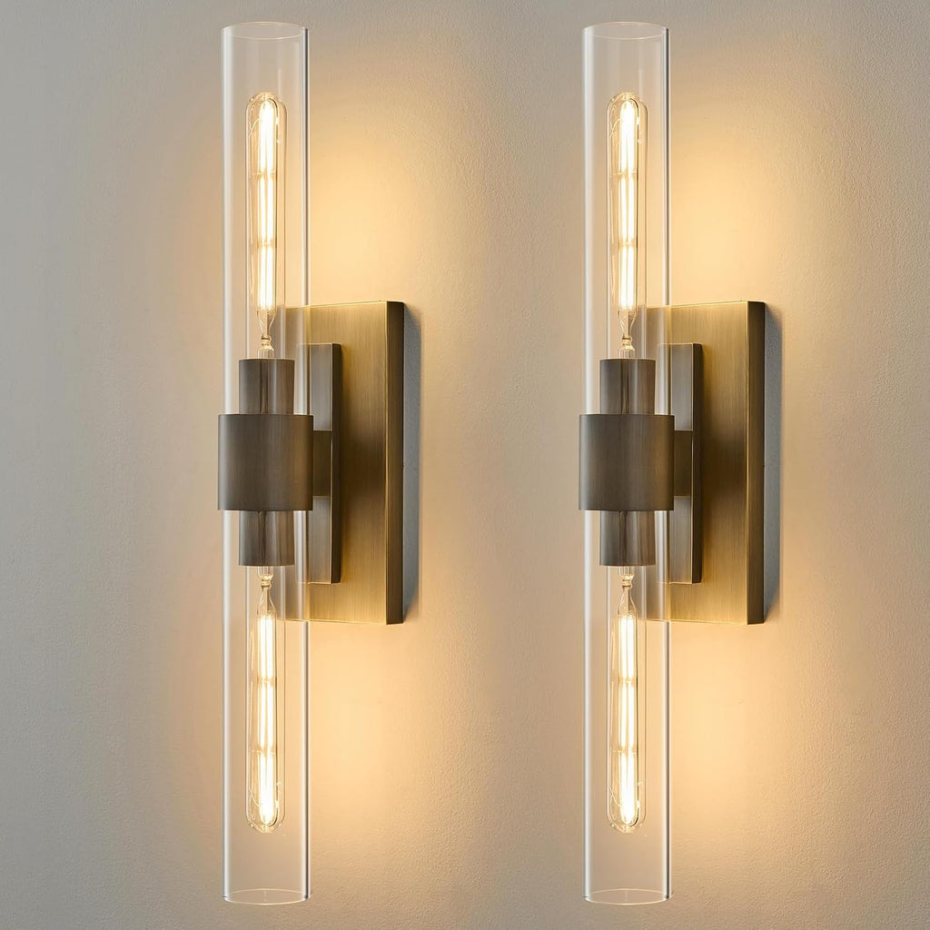 Linear Brass Bathroom Wall Sconce - Luxury Antique Brushed Gold Sconces Set of 2 - Dimmable Vanity Lights Fixture with Clear Glass Tube - Modern Lighting for Bedroom Living Room Hallway Indoor Decor