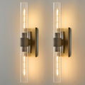 Linear Brass Bathroom Wall Sconce - Luxury Antique Brushed Gold Sconces Set of 2 - Dimmable Vanity Lights Fixture with Clear Glass Tube - Modern Lighting for Bedroom Living Room Hallway Indoor Decor