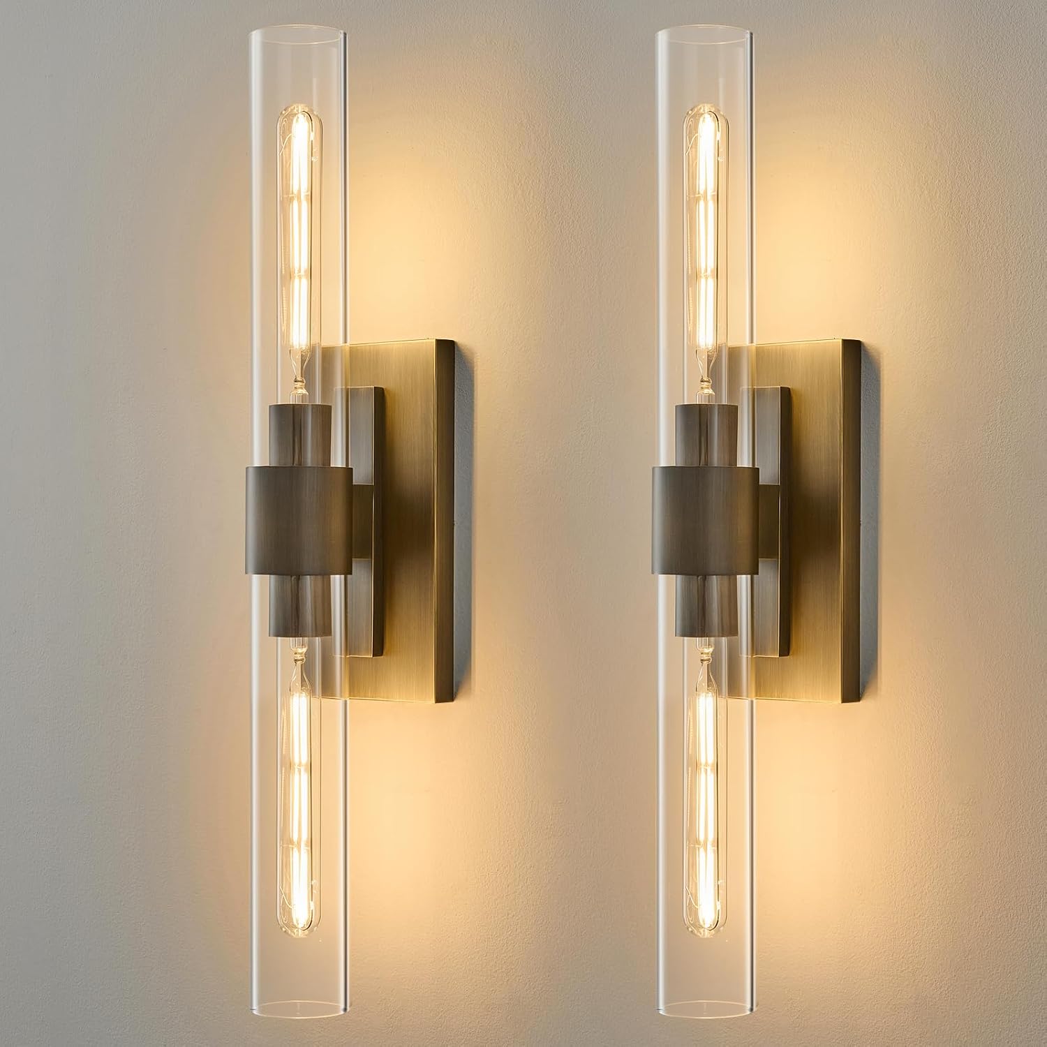 Linear Brass Bathroom Wall Sconce - Luxury Antique Brushed Gold Sconces Set of 2 - Dimmable Vanity Lights Fixture with Clear Glass Tube - Modern Lighting for Bedroom Living Room Hallway Indoor Decor