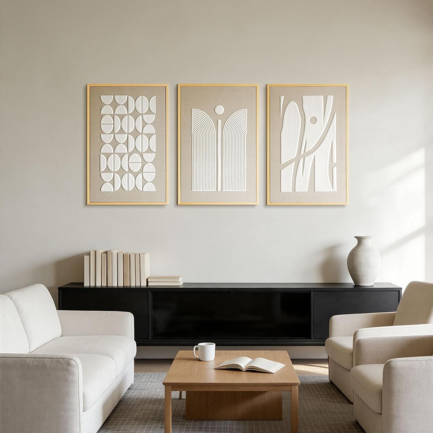 Thalasse 3D Textured Abstract Wall Art for Bedroom, 3 Piece Modern Minimalist Geometric Arch Canvas Artwork, Beige White Linen Pictures with Solid Wood Frame for Office Living Room Decor, 16x24 In