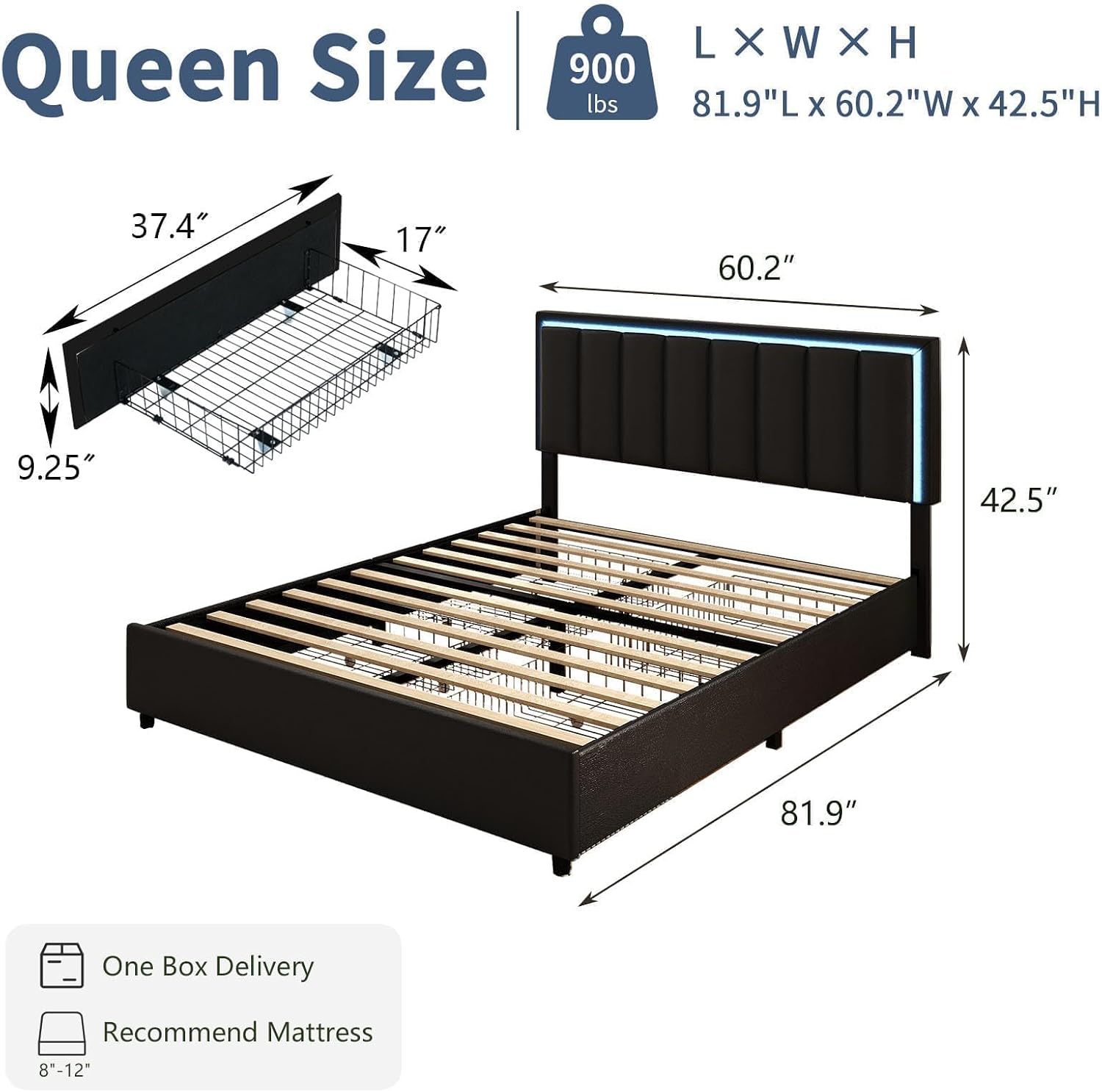 IMMERSTABLE Queen Size Bed Frame with Headboard and 4 Storage Drawers, Faux Leather Upholstered Platform Bed with LED Lights, Metal and Wood Slats, No Box Spring Needed, Easy Assembly, Black