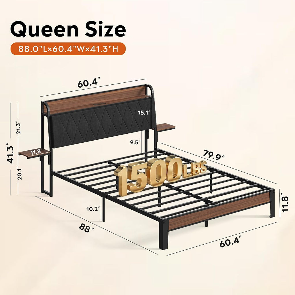 WLIVE Queen Bed Frame with Headboard, Upholstered Bed Frame with 2 Storage Shelves, Platform Bed with LED Lights and Charging Station, 1500LBS Mattress Foundation, No Box Spring Needed, Black