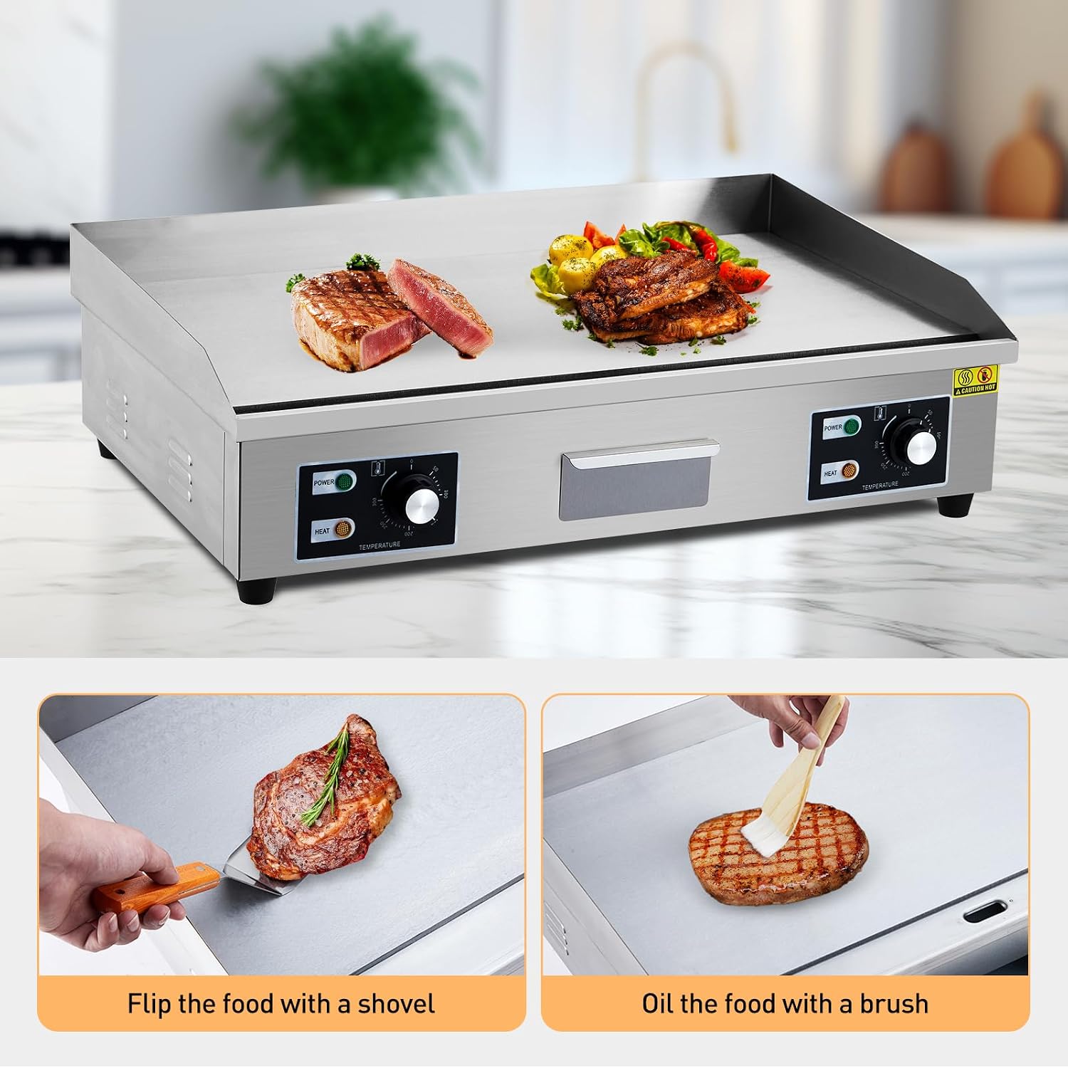 29' Commercial Electric Griddle - 3000W Stainless Steel Flat Top Grill with Adjustable Temp 122°F-572°F, Non-Stick Surface, 2 Shovels & 2 Brushes - for Restaurants, Home Kitchens