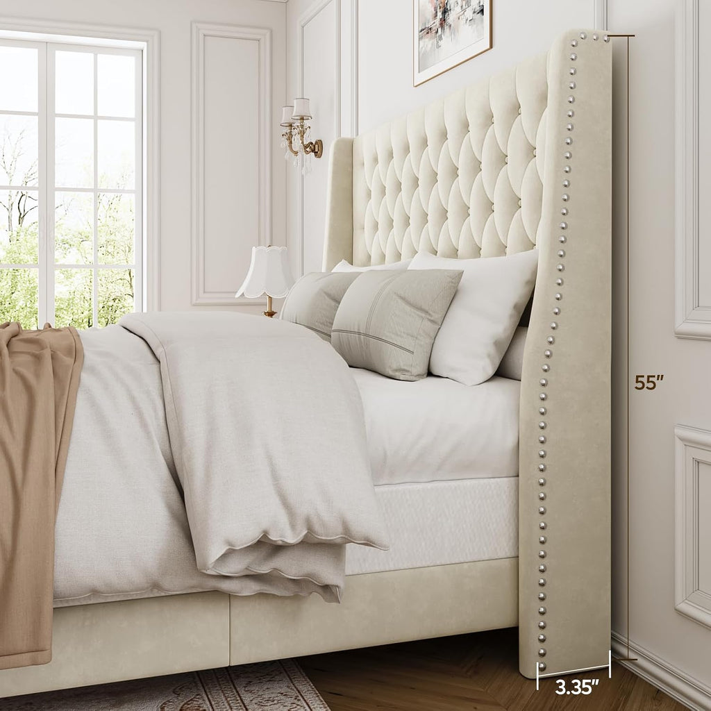 Full Bed Frame with 55' Tall Headboard, Upholstered Bed Frames, Soft Fabric, Button Tufted Headboard with Windback, Platform Bed, Noise-Free, No Box Spring Needed, Beige