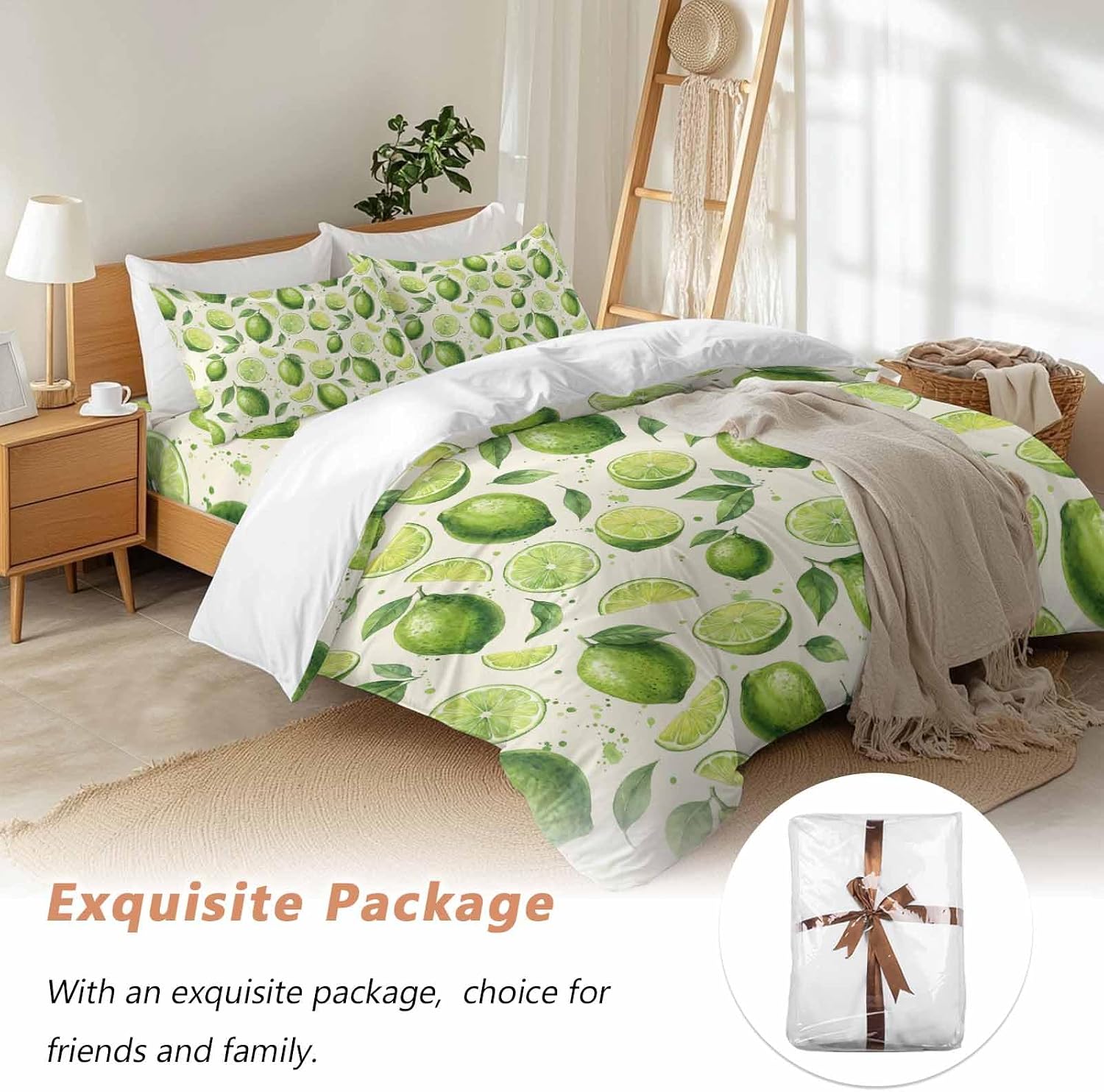 Summer Fruit Duvet Cover Set Queen Size 4 Pieces Watercolor Green Lemon Lime Slice Leaf Rustic Bedding Set with Zipper Closure, 1 Comforter Cover 92x106 Inches 1 Flat Sheet & 2 Pillow Cases