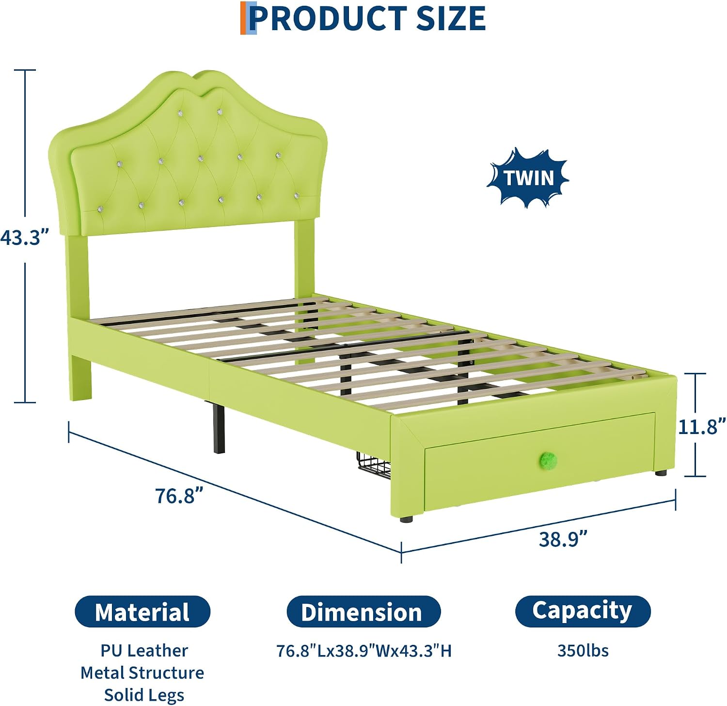 Garvee Twin Size Bed Frame with LED Lights & Velvet Crystal Button Headboard, Upholstered Boy Platform Bed with Storage Drawer, Noise Free, No Box Spring Needed for Kids, Teens, OrangeAvocado Green