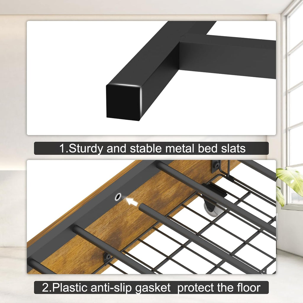 Bellemave Full Corner Bed Frame with Storage, Full Captains Bed with Charging Station, LED Light, Wood Daybeds with L-Shaped Bookcase and 2 Drawers, Brown