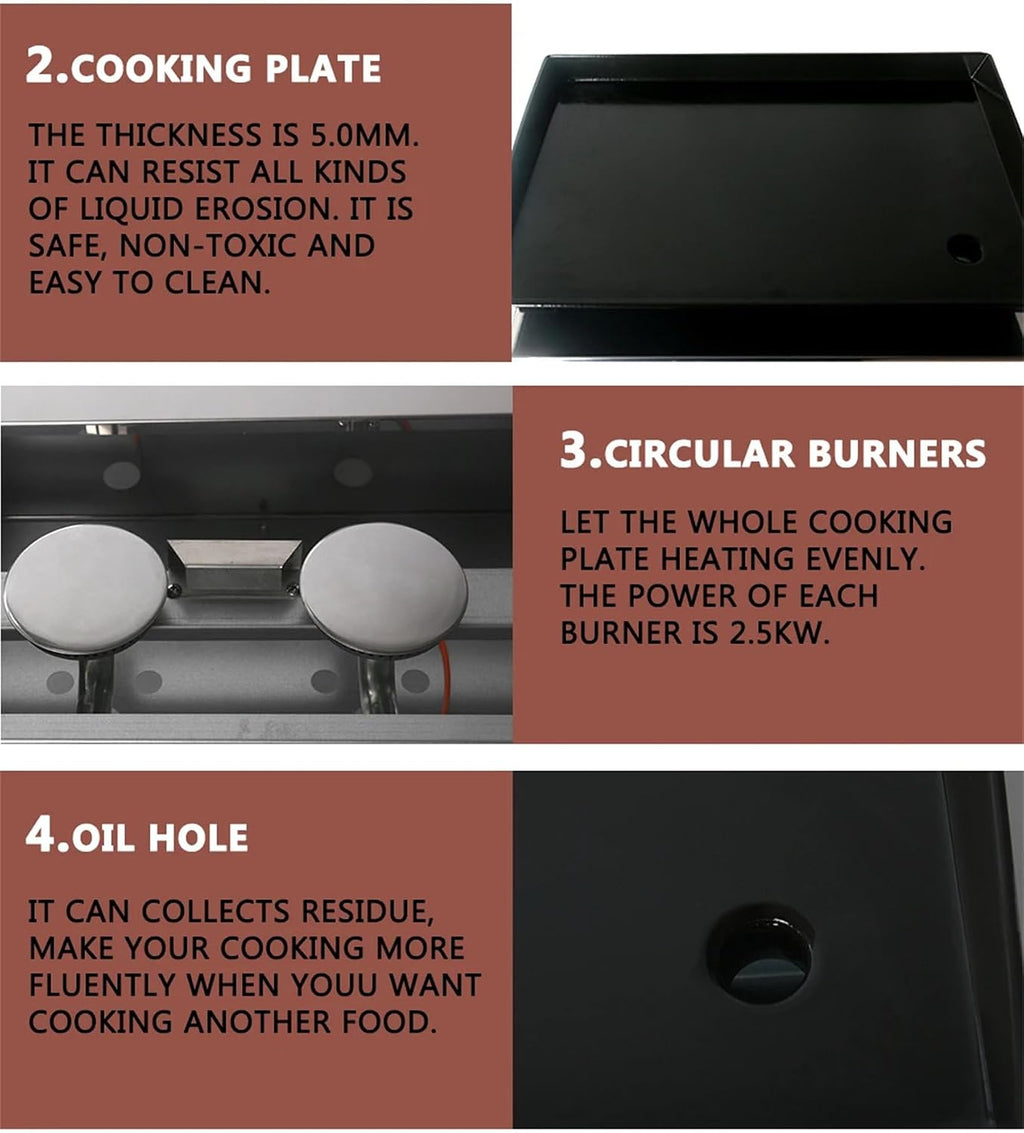 2/3/4 Burner Table Top Gas Grill Griddle, Burners Gas Griddle, Flat Top Grill for Outdoor Cooking While Party, Picnicking Or Camping,2Burner