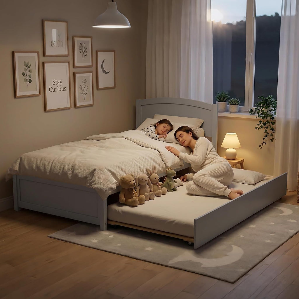 Xilingol Trundle Bed Twin, Solid Wood Beds Frames with Headboard and Wooden Slats Support, Twin Trundle Beds Frame Roll Out, Single Box Bed (No Box Spring Needed), Grey