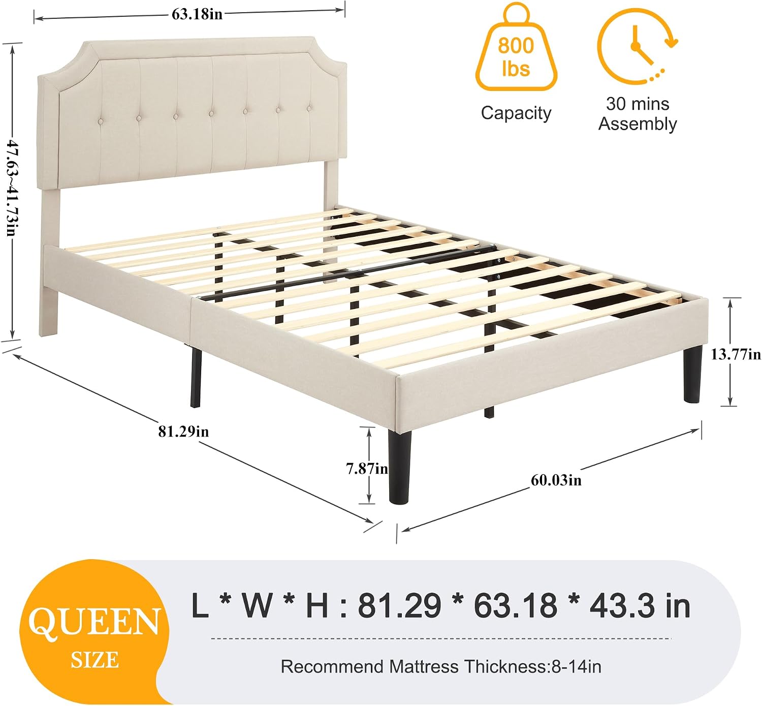 VECELO Queen Size Platform Bed Frame with Fabric Upholstered Headboard and Wooden Slats Support, No Box Spring Needed/Easy Assembly,Beige