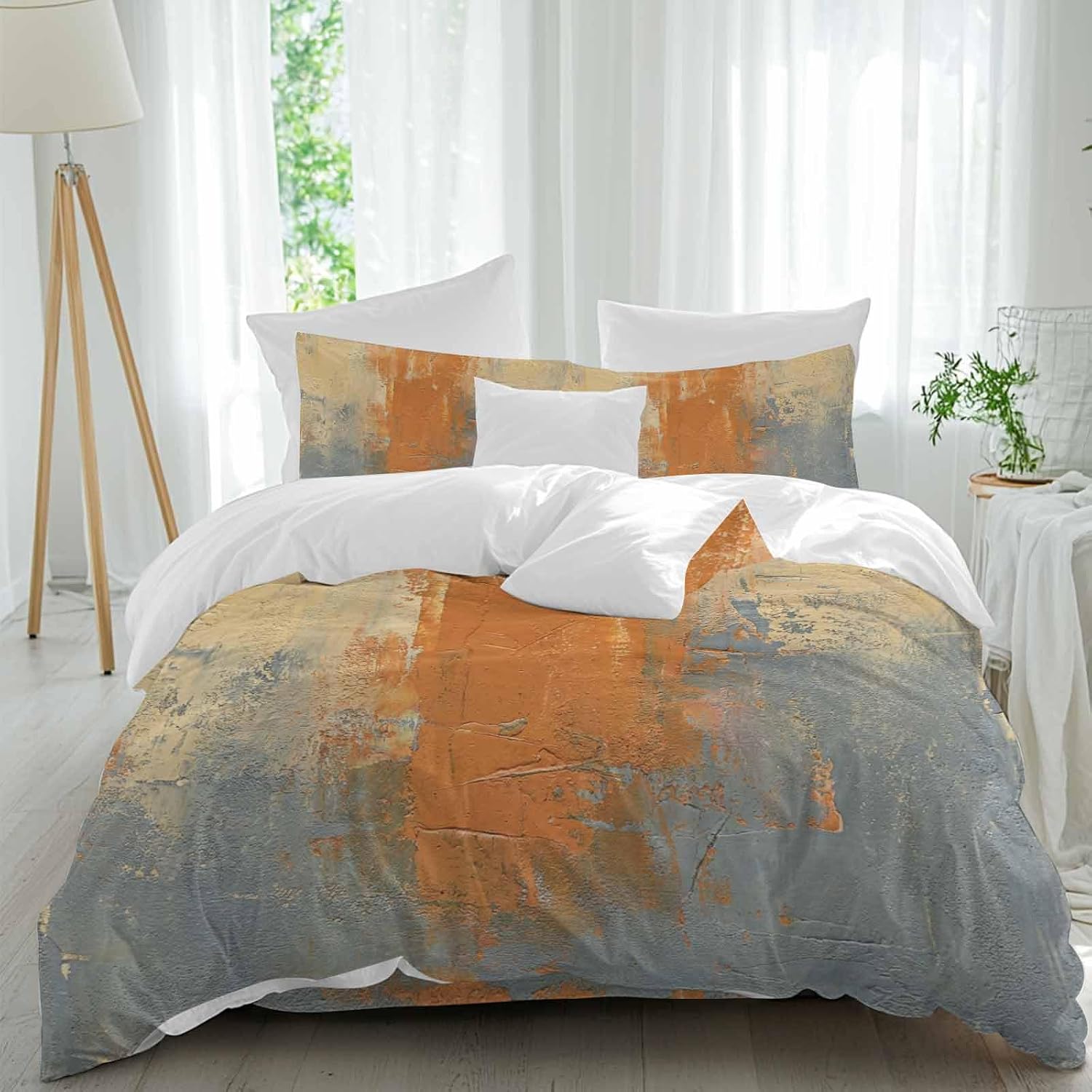 Abstract Art Duvet Cover Set Queen Size 4 Pieces Orange Grey Wall Mottled Texture Minimalist Modern Bedding Set with Zipper Closure, 1 Comforter Cover 86x86 Inches 1 Flat Sheet & 2 Pillow Cases
