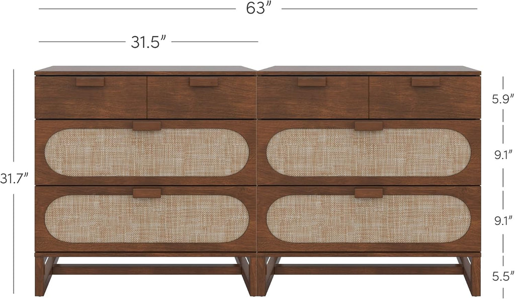 Nathan James Paxton Mid-Century Modern Dresser for Bedroom, 3-Drawer Dresser with Solid Wood Frame and Textilene Rattan Accent, Dark Walnut, Set of 2
