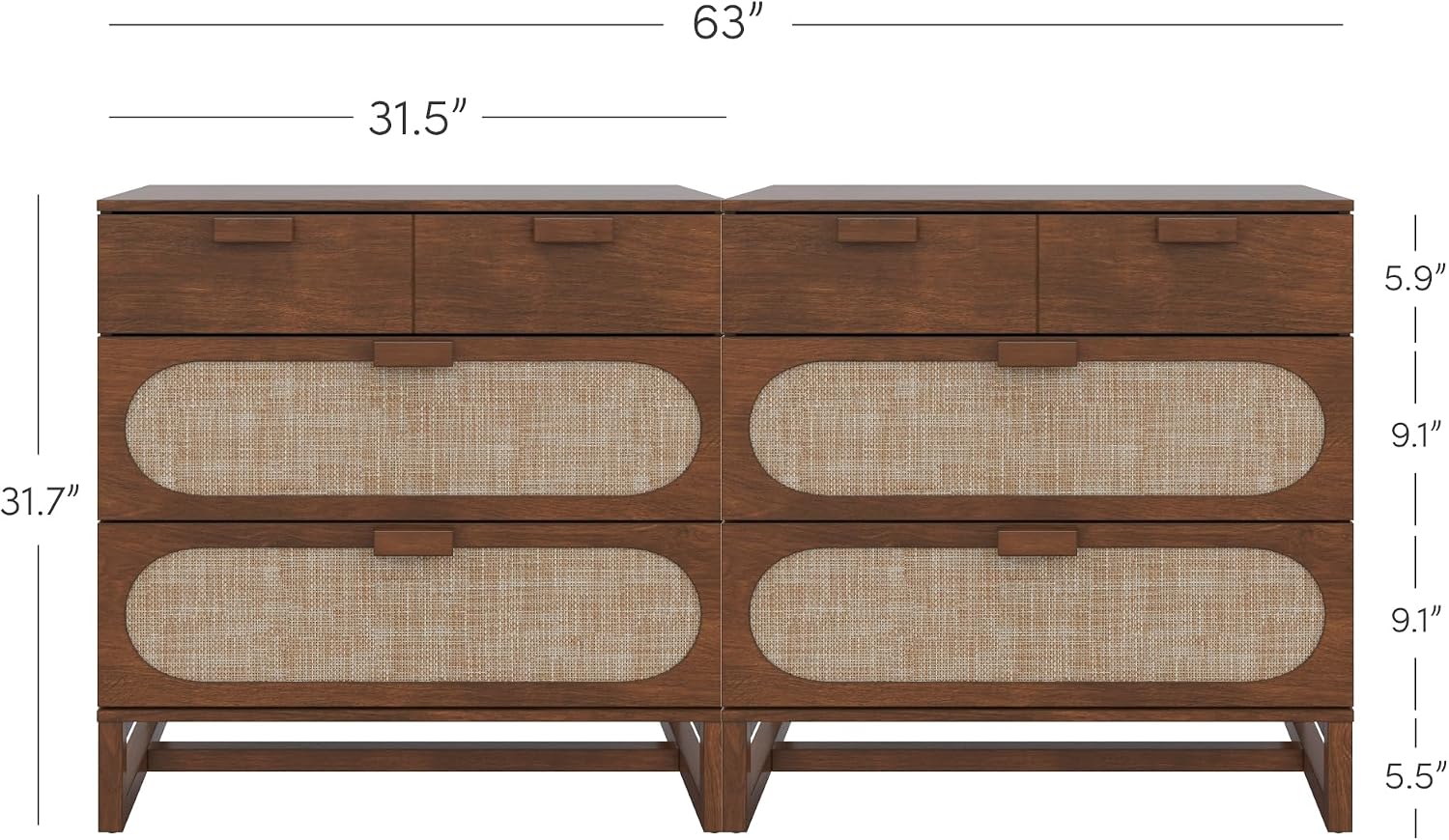 Nathan James Paxton Mid-Century Modern Dresser for Bedroom, 3-Drawer Dresser with Solid Wood Frame and Textilene Rattan Accent, Dark Walnut, Set of 2