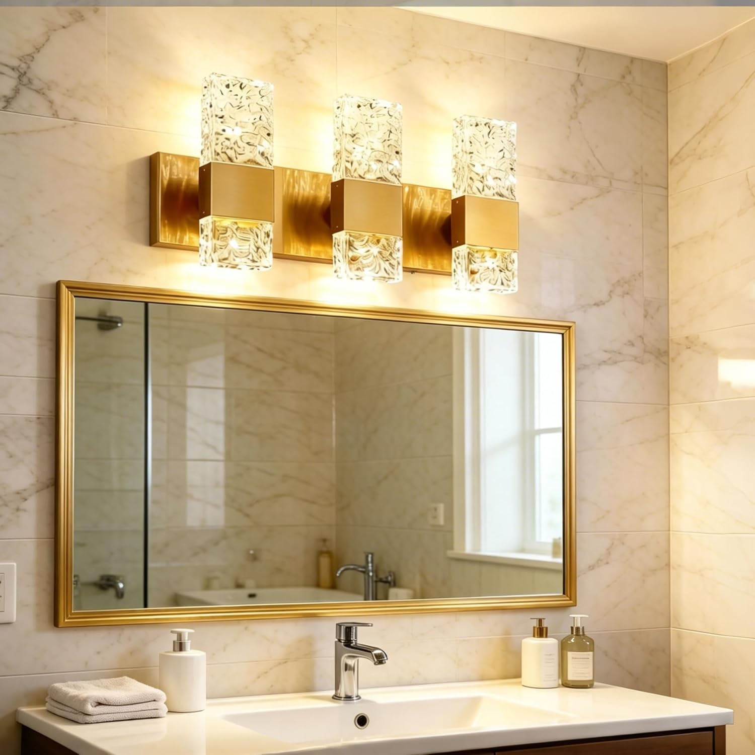 Epinl Gold Bathroom Vanity Light Fixtures Bathroom Light Fixtures Over Mirror 3-Light 4000K LED Crystal Wall Sconces Modern 30W Brushed Hardwired Wall Lights for Bathroom Bedroom Living Room
