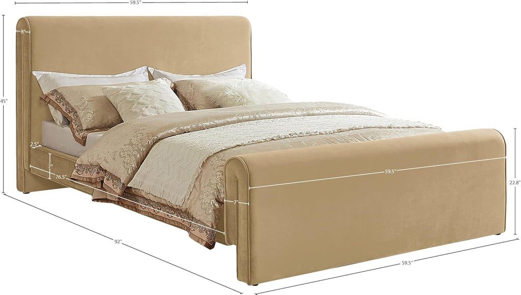 Meridian Furniture SloanCamel-F Sloan Collection Modern | Contemporary Velvet Upholstered Full Bed with Rich Soft Camel Velvet, Curved Headboard and Footboard, 59.5' W x 92' D x 45' H, Camel, Full