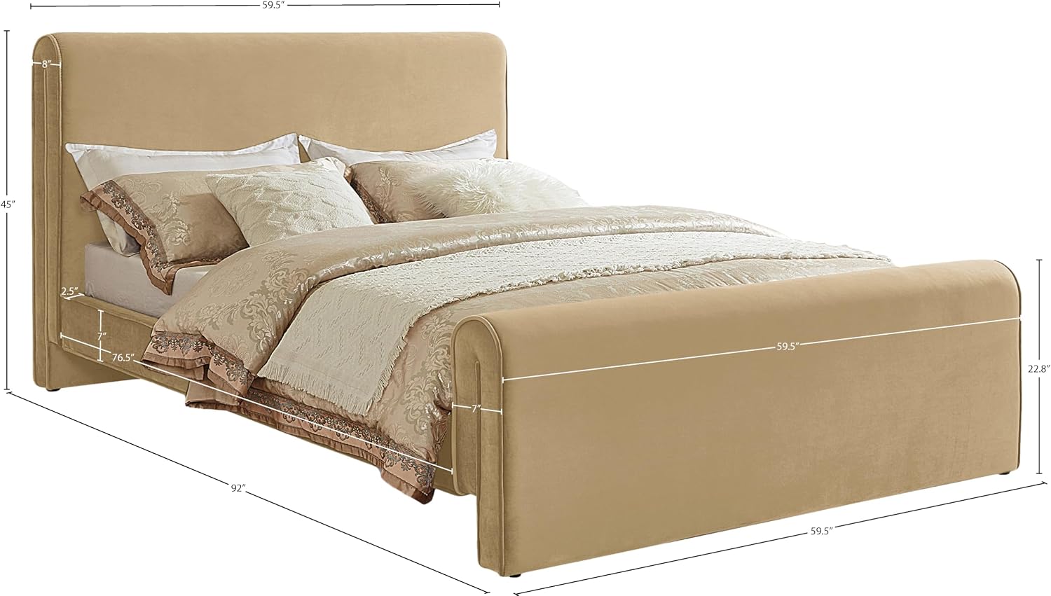 Meridian Furniture SloanCamel-F Sloan Collection Modern | Contemporary Velvet Upholstered Full Bed with Rich Soft Camel Velvet, Curved Headboard and Footboard, 59.5' W x 92' D x 45' H, Camel, Full