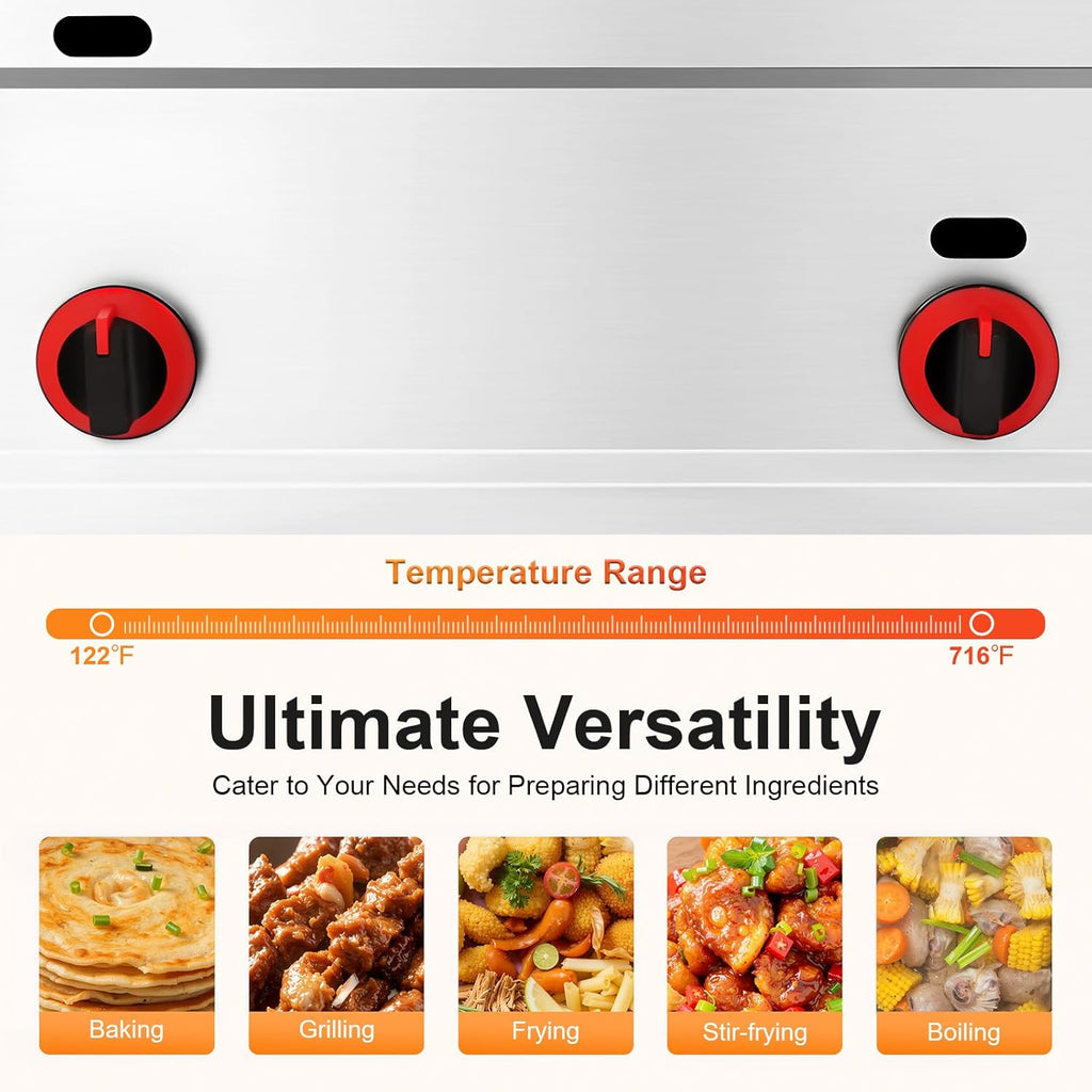 Commercial Propane Deep Fryer and Flat Top Griddle, Stainless Steel Countertop Griddle with Frying Basket Seasoning Box and Temp Control, 1.59Gal Tank Deep Fryer for Canteen Food Street Restaurant Etc
