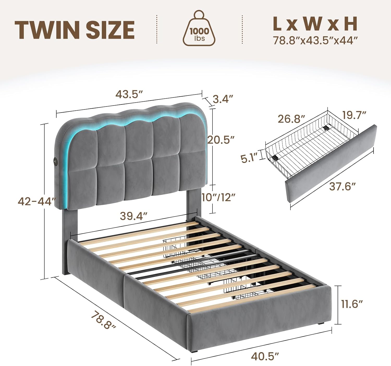 CypBed Twin Bed Frame with Storage Drawers and Headboard, Upholstered LED Twin Size Platform Bed Frame for Kids – Sturdy Metal Bed Frame Twin with Wood Slats Support, No Box Spring Needed, Grey