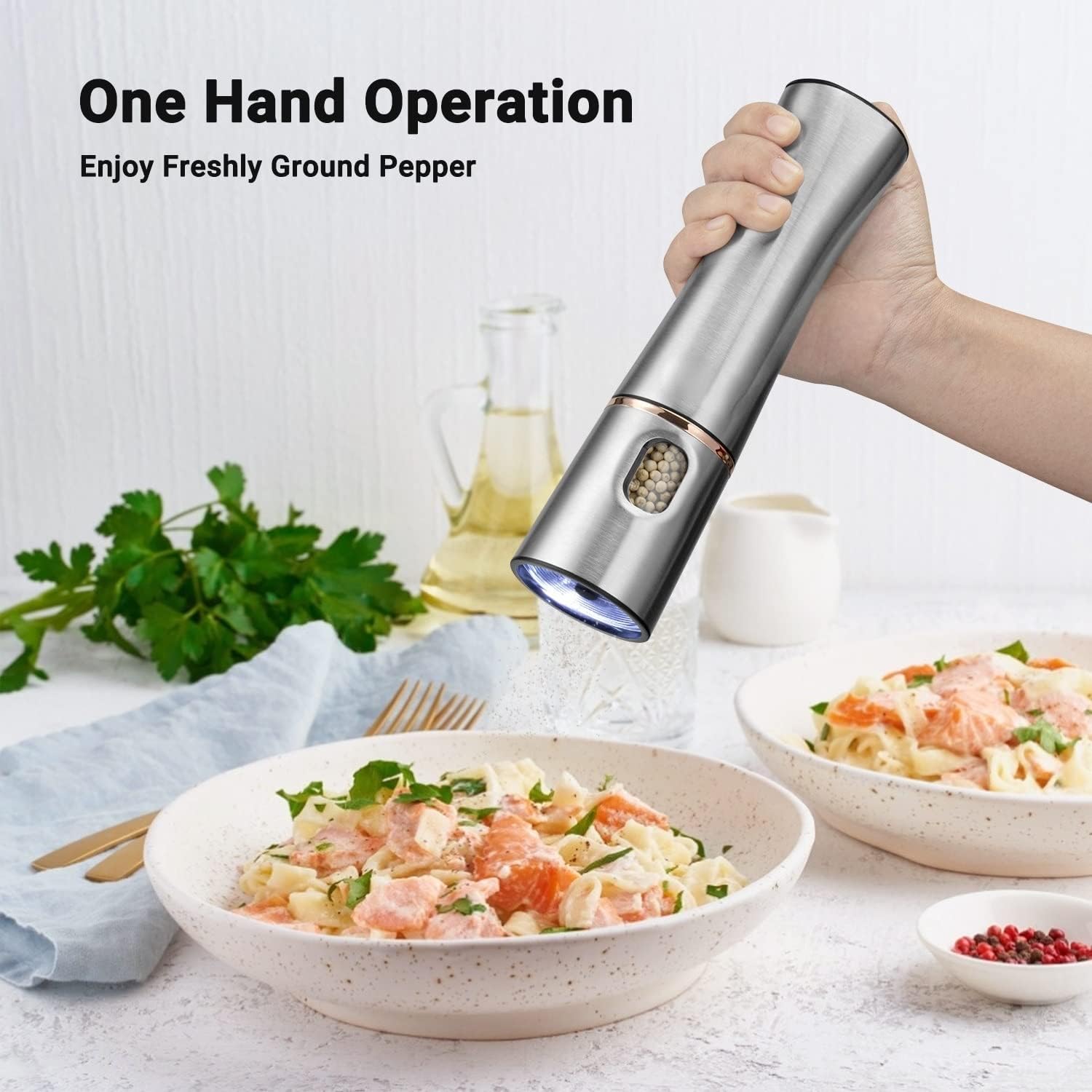 Electric Salt and Pepper Grinder Stainless Steel Automatic Herb Spice Mill Adjustable Coarseness Kitchen BBQ Tool Gadget(E)