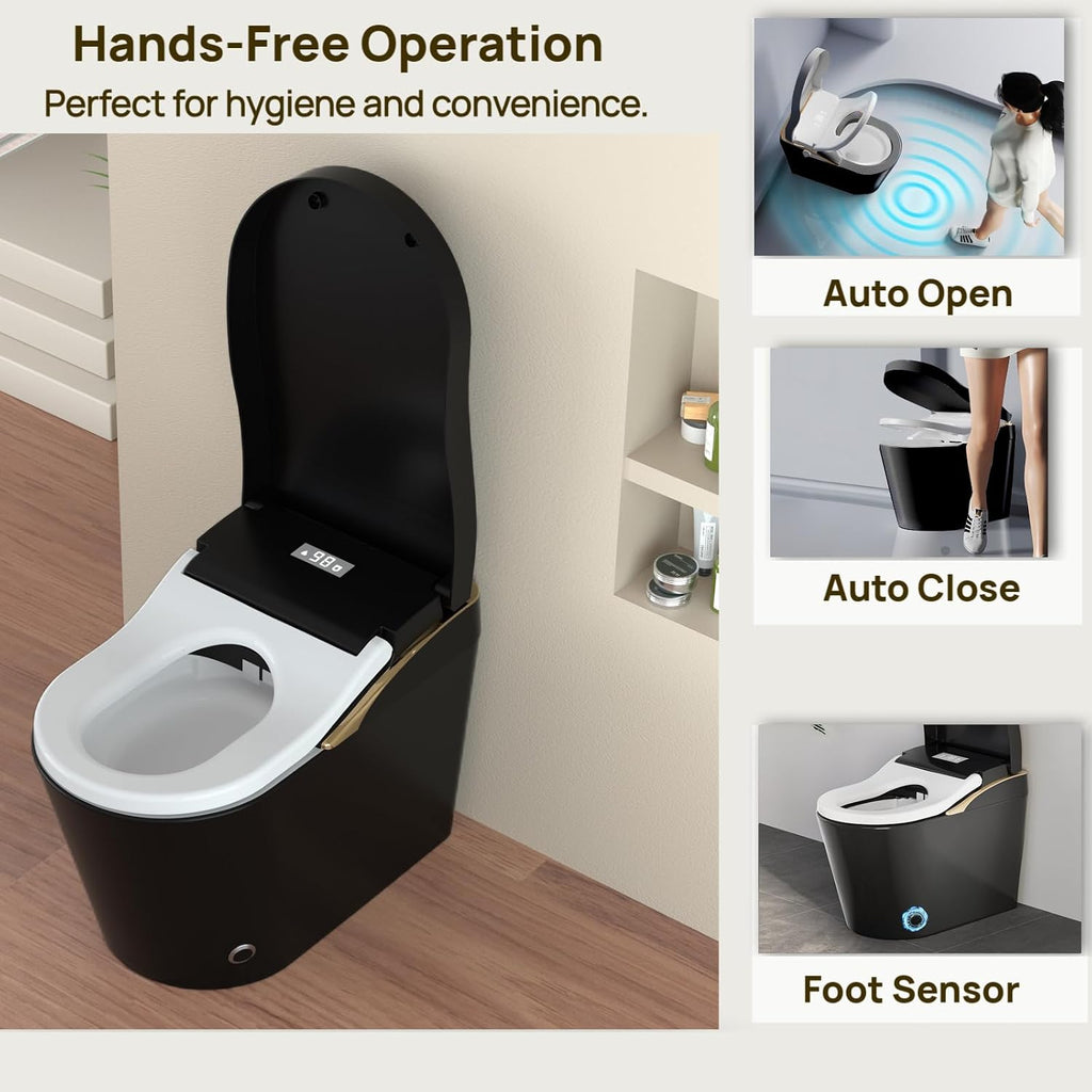 Modern Smart Toilet With Bidet, Auto Flush, Auto Open/Close,Heated Seat, Warm Water and Dry, 17.5' Comfort Height, Remote Control Black