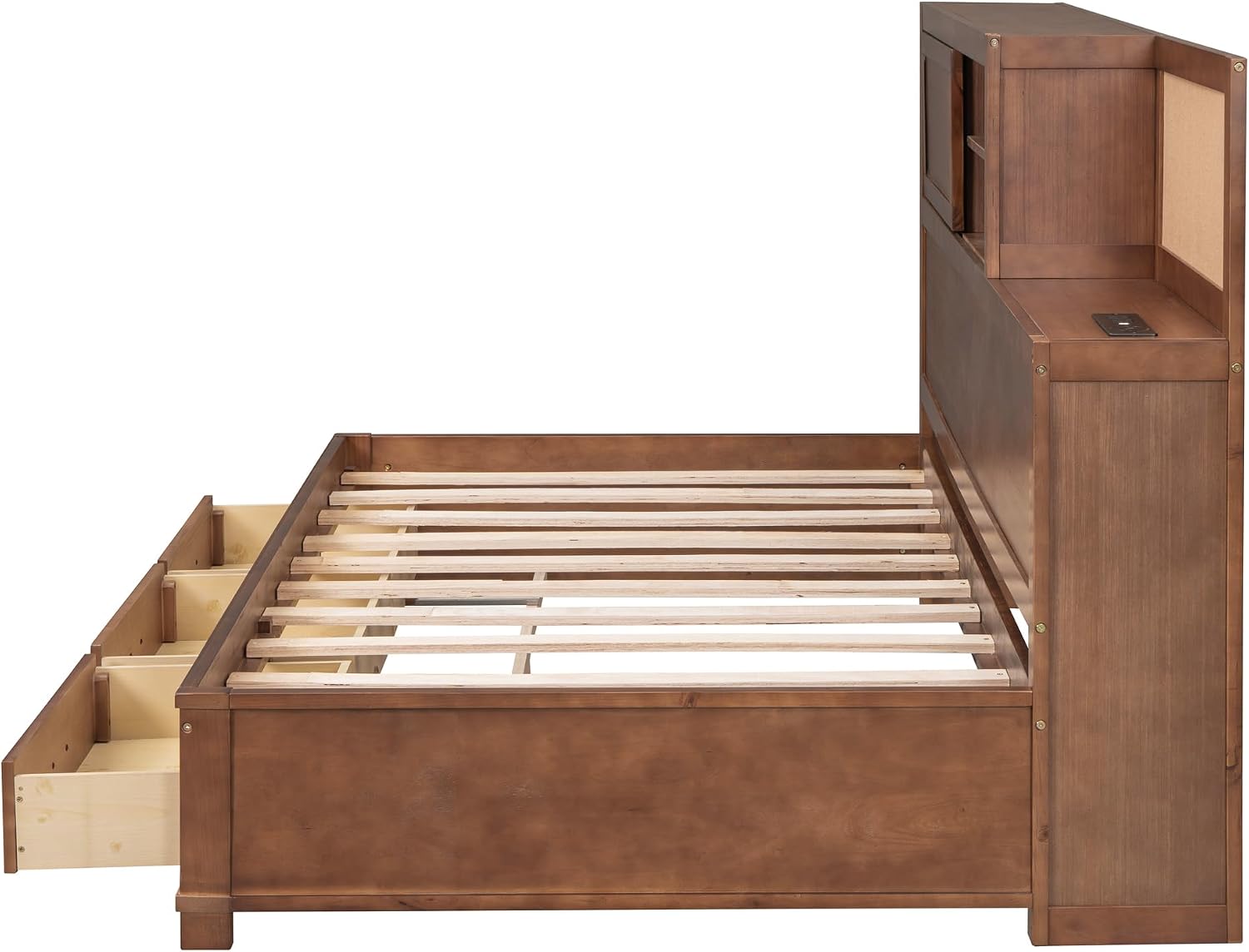 Harper & Bright Designs Twin Size Wooden Daybed with 3 Storage Drawers, Upper Soft Board, Shelf and a Set of Sockets and USB Ports, Twin Storage Bed for Small Living Space,Brown