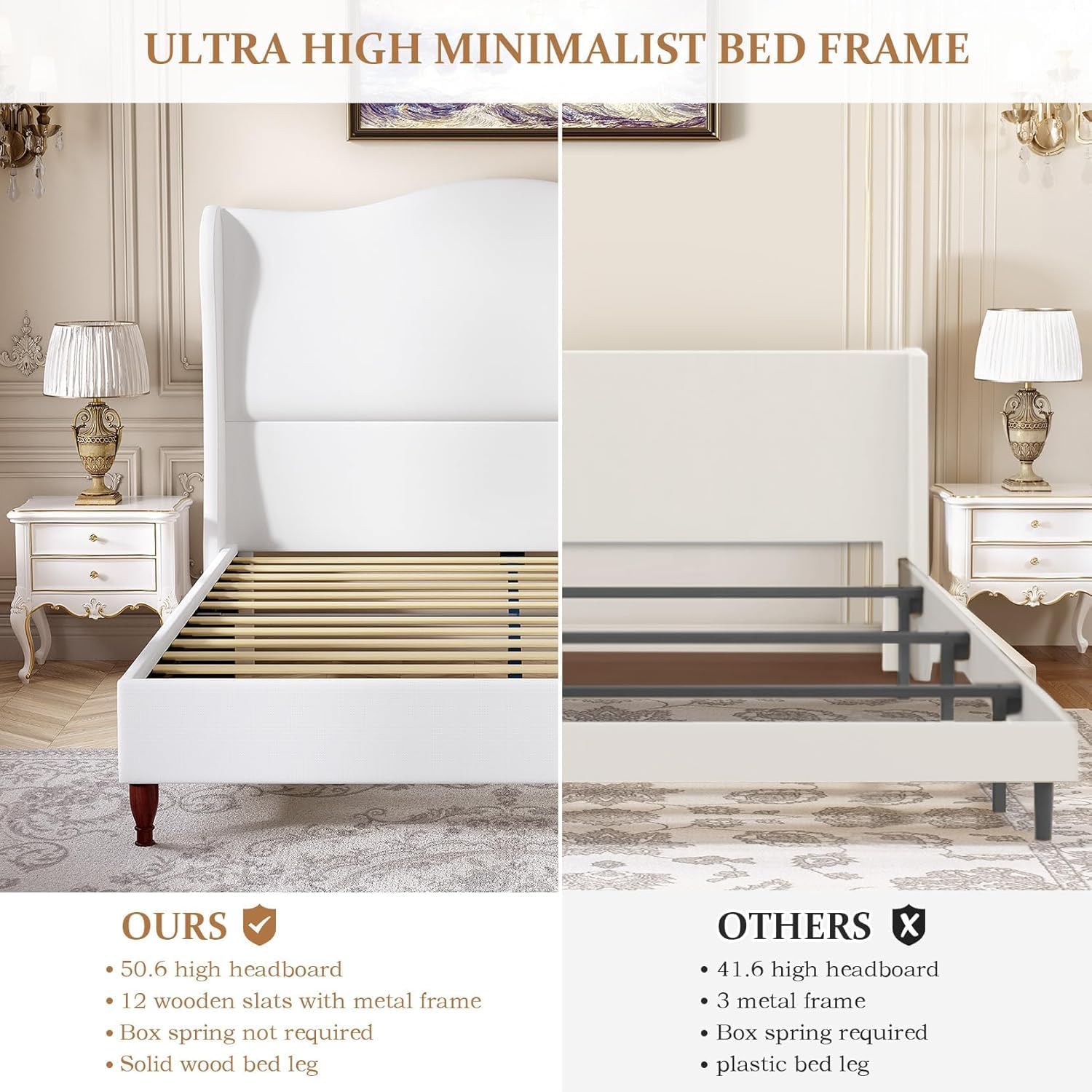 koorlian King Size Bed Frame with 51' Tall Headboard, Fully Upholstered Platform Bed Frame with with Soft Fabric, Sleigh Wingback, Solid Wood Retro Legs, Modern Minimalist Style, Easy Assembly, White
