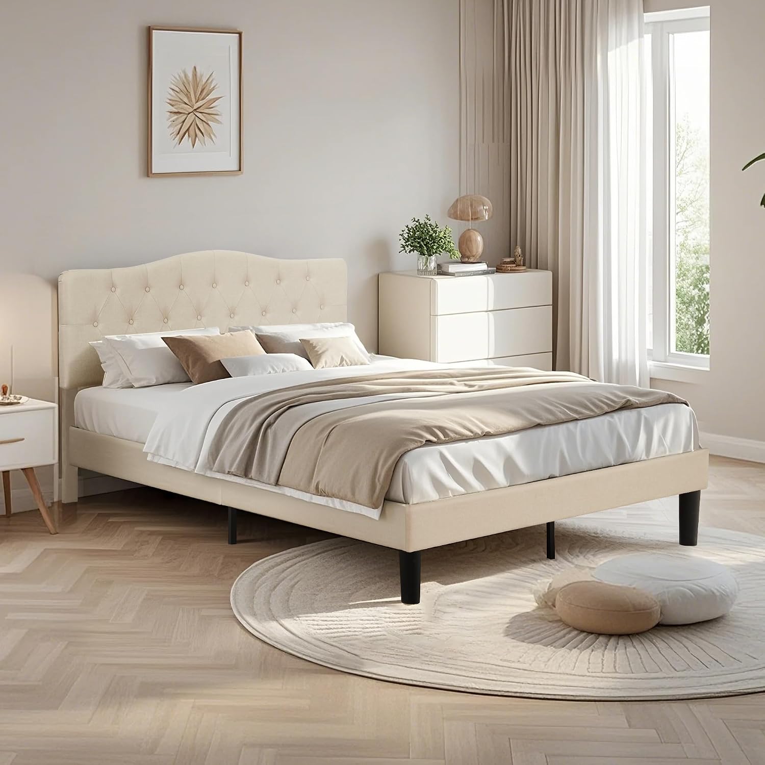 VECELO Queen Size Bed Frame Upholstered Platform with Tufted Adjustable Headboard/Mattress Foundation with Wood Slat Support, Easy Assembly,Beige