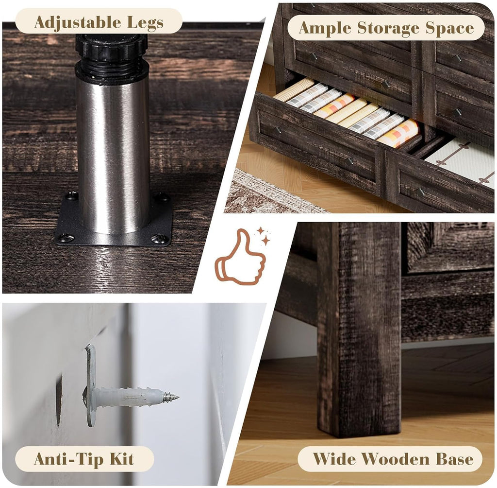 LUXOAK Bedroom Dresser and Nightstand 3 Piece Set, 1 X Rustic Wood 6 Drawer Dresser, 2 X Farmhouse Nightstand with Charging Station, Farmhouse Bedroom Furniture Set, Dark Oak