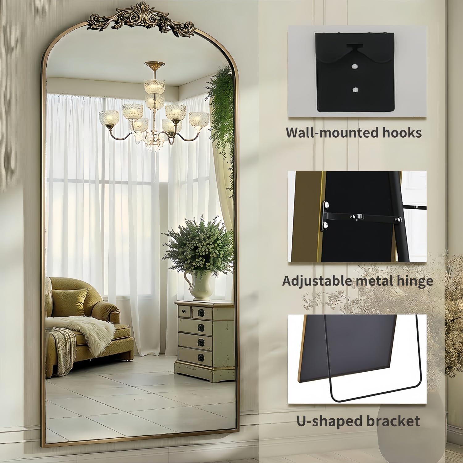 Dewfig Arched Full Length Mirror, 71'x28' Full Body Mirrors with Carved, Floor Mirror for HomeDecor, Standing/Halling Large Wall Mirror for Bedroom, Living Room, Cloakroom, Bronze, Retro Style