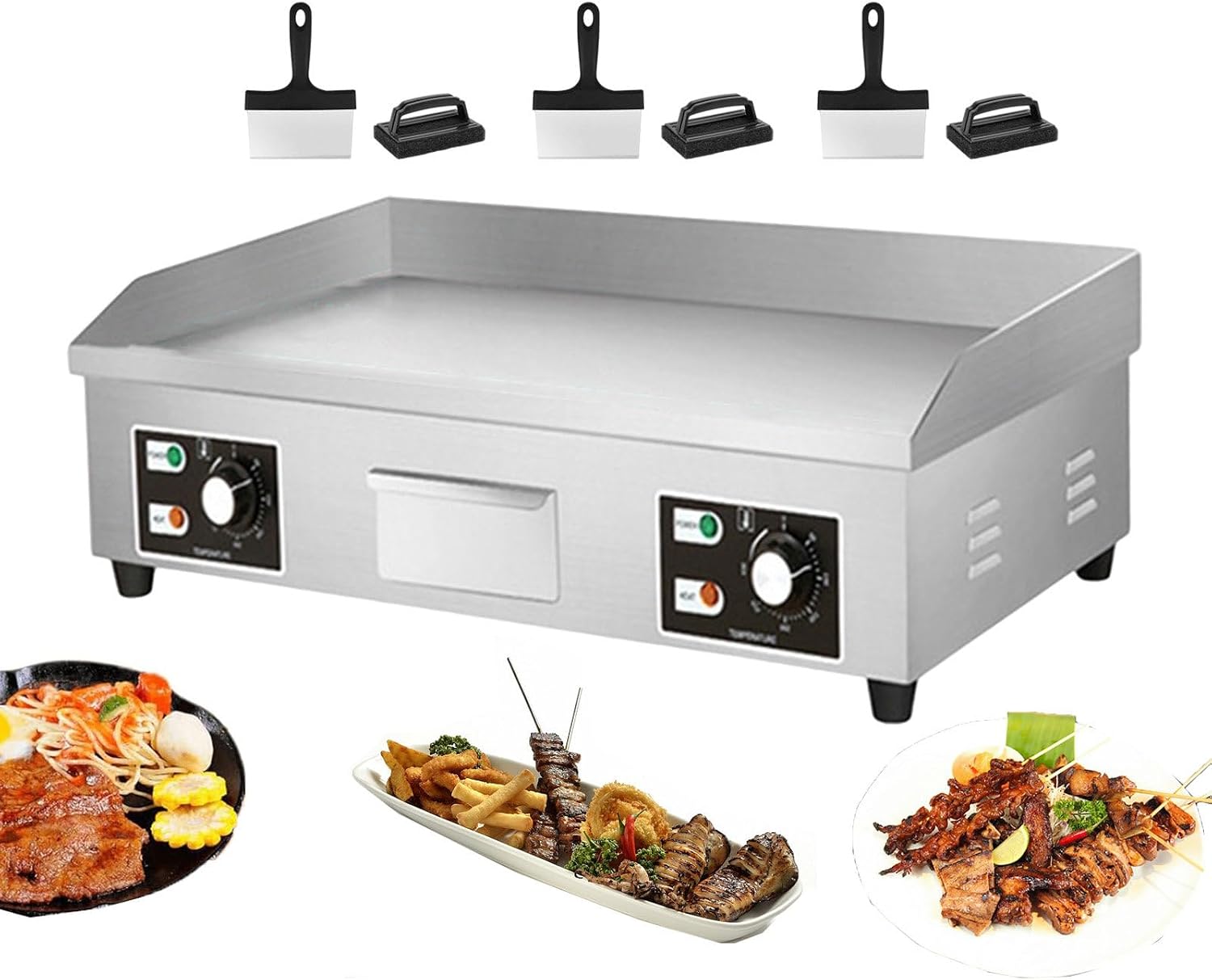 Electric Griddle, Commercial Flat Top Grill, Stainless Steel Steak Bacon Fryer, Countertop Burger Bacon Grill Plate Pancake Maker, with 3 Cleaning Shovels & 3 Cleaning Br,4400W