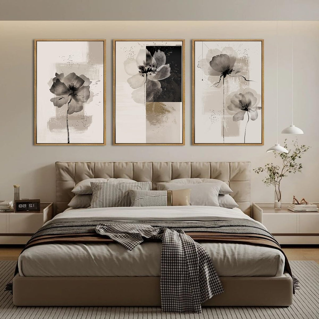 IARTTOP Large Framed Neutral Abstract Wall Art 24x36 Inch Oversized Modern Beige Gray Floral Canvas Wall Decor Minimalist White Flower Art Prints for Living room Bedroom Set of 3