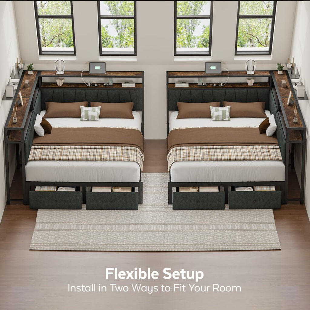 Full Corner Bed Frame with Storage Drawers, Modern Daybed with LED Lights and Charging Station, Metal Platform Bed Frame Full Size with Linen Upholstered Guardrail for Dorm Bedroom, Grey