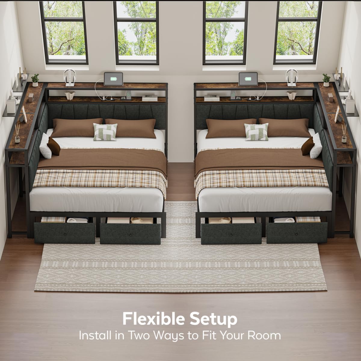 Full Corner Bed Frame with Storage Drawers, Modern Daybed with LED Lights and Charging Station, Metal Platform Bed Frame Full Size with Linen Upholstered Guardrail for Dorm Bedroom, Grey