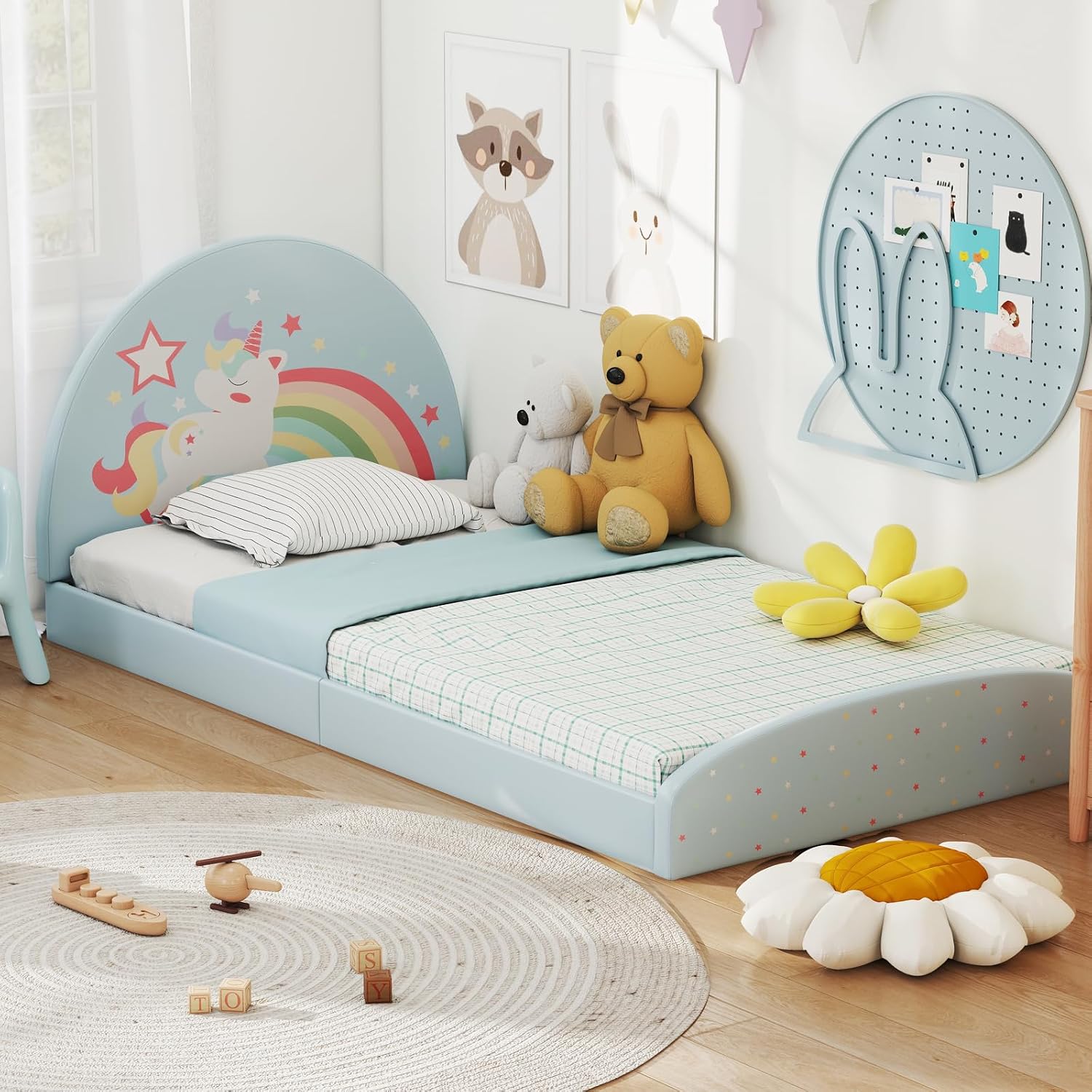 Costzon Twin Floor Bed Frame, Upholstered Kids Bed with 210D Oxford Cloth Floor Mat, Middle Support Slat & Padded Boards, Montessori Floor Bed for 3+ Kids (Blue Rainbow)