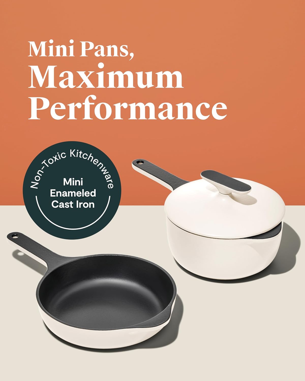 Caraway Enameled Cast Iron Bundle - 8' Mini Skillet, 1.8 qt Sauce Pan with Lid & Storage Organizer - Durable, Non-Toxic Cookware for Stovetop & Oven - No Seasoning Required - Cream