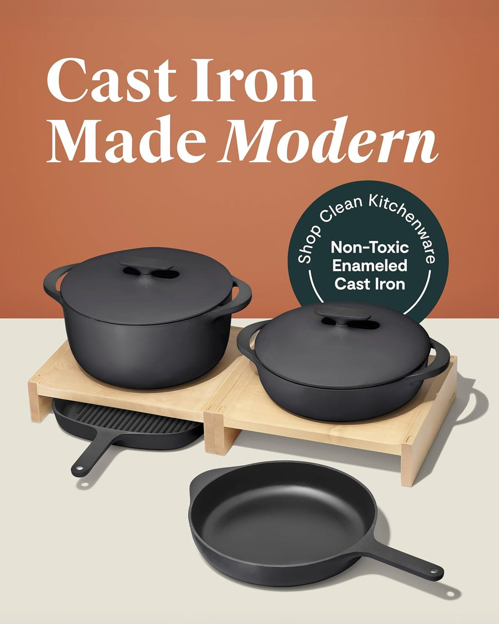 Caraway 8-Piece Enameled Cast Iron Set - 10.5' Skillet, Grill Pan, 3.5 qt Braiser Pan, 6.5 qt Dutch Oven with Lid and Organizers - Non-Toxic 3-Layer Enamel Coating - No Seasoning Required - Charcoal