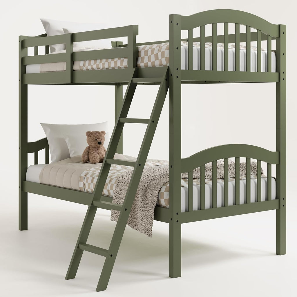 Storkcraft Long Horn Twin-Over-Twin Bunk Bed (Olive) - GREENGUARD Gold Certified, Converts to Two Twin Beds, Wood Bunk Bed for Kids Bedroom