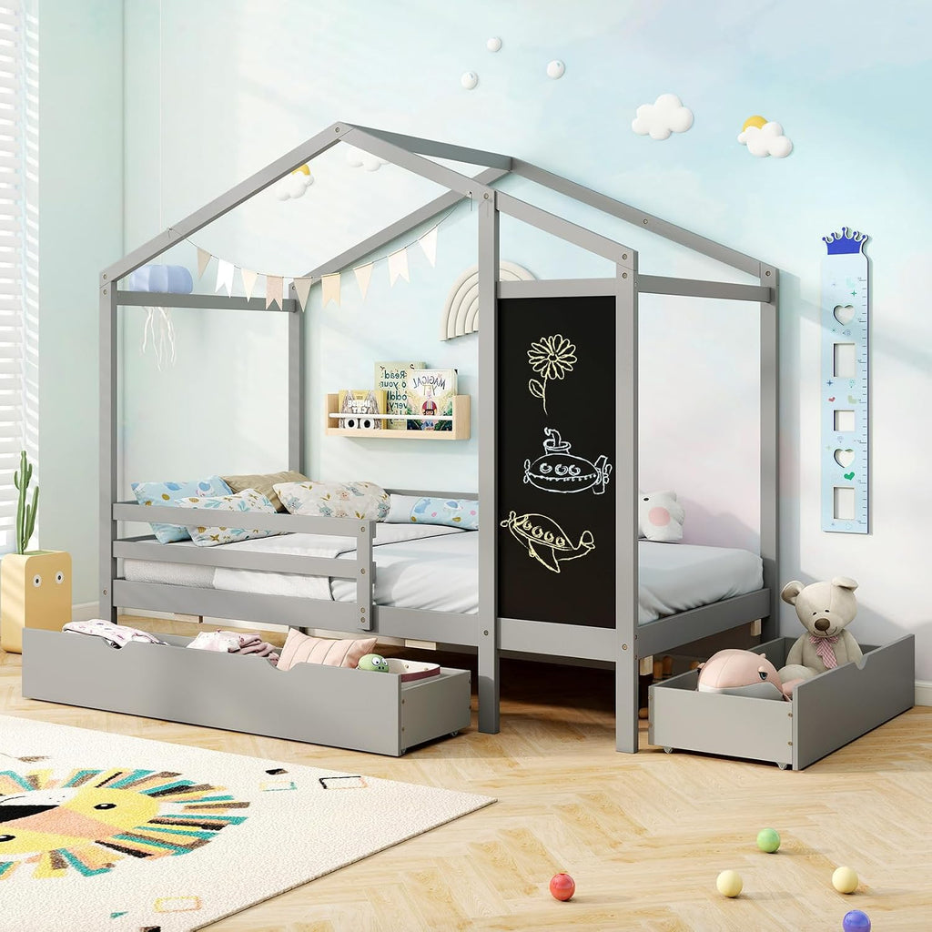 Giantex Twin Bed with 2 Storage Drawers, Solid Wood House Bed with Blackboard & Safety Guardrails, Twin House Bed w/Slats Support, No Box Spring Needed, Twin Bed Frames for Kids Girls Boys (Grey)