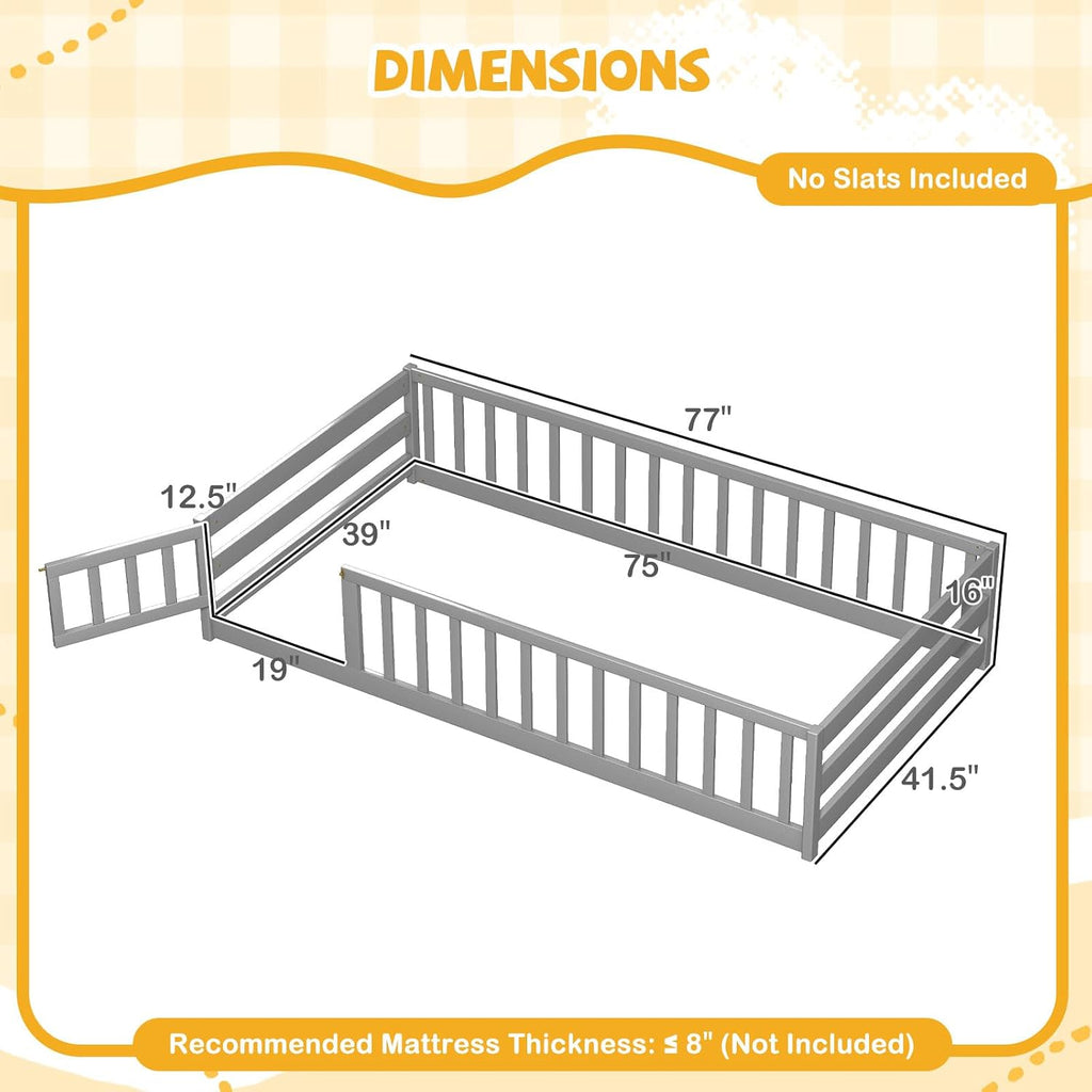 Giantex Twin Floor Bed with Fence for Kids, Wooden Montessori Bed Frame with Lockable Door & Guardrails, Low Floor Beds for Kids, Boys, Girls, No Box Spring Needed, Without Wood Slats, Grey