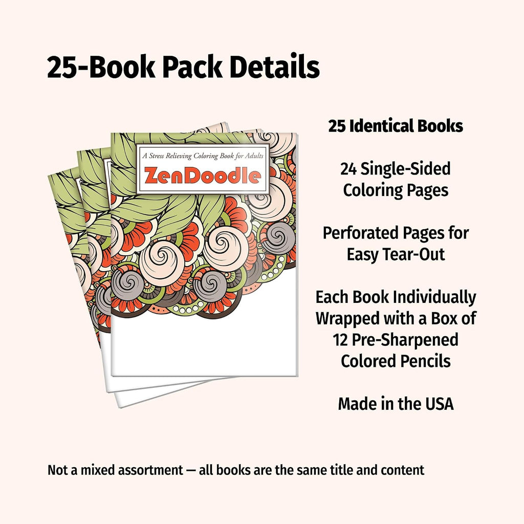 ZOCO ZenDoodle Coloring Book Bundles – 25 Bulk Pack with Pencils – Mindfulness Gifts for Adults, Seniors, Teens – Great for Wellness Programs, Group Activities & Assisted Living