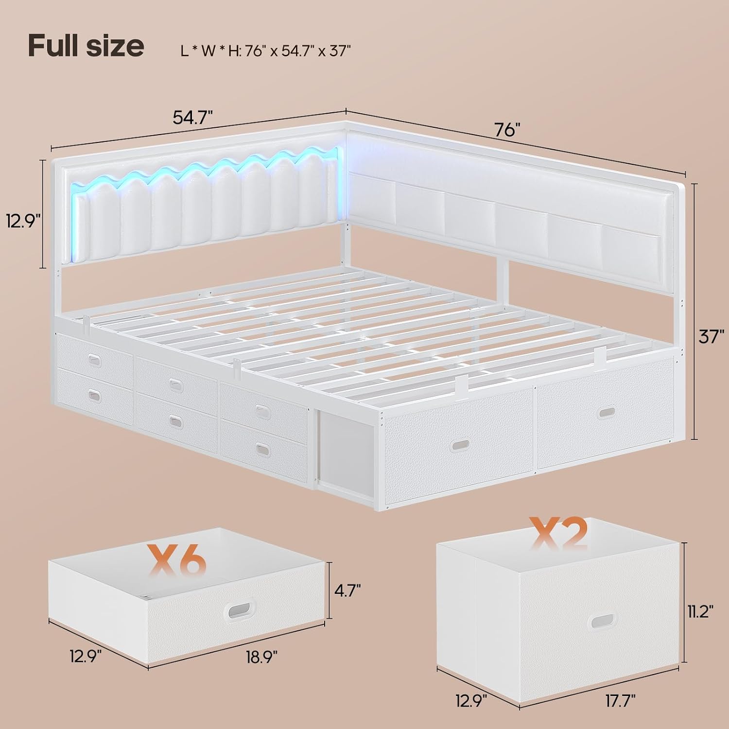 ADORNEVE Full Corner Bed Frame with 8 Drawers, 6 Storage Pockets, Full Daybed with Storage and RGB Wave Lights, Platform Bed with L-Shaped Upholstered Guardrail for Kids Teen,White